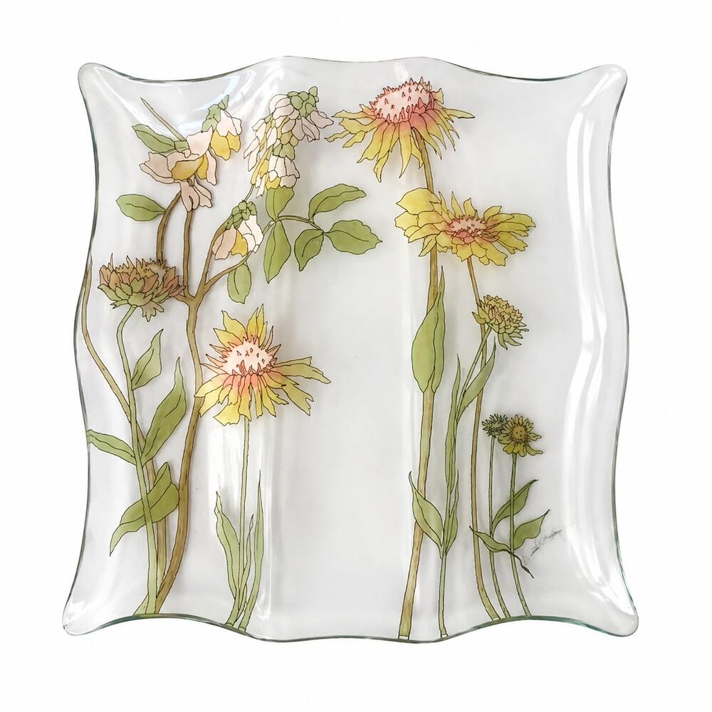 Mid Century Dorothy Thorpe Hand Painted 3 Section Glass Tray Floral - Signed